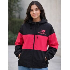 New Balance Women Colorblock Windbreaker Jacket Hooded Pink Black